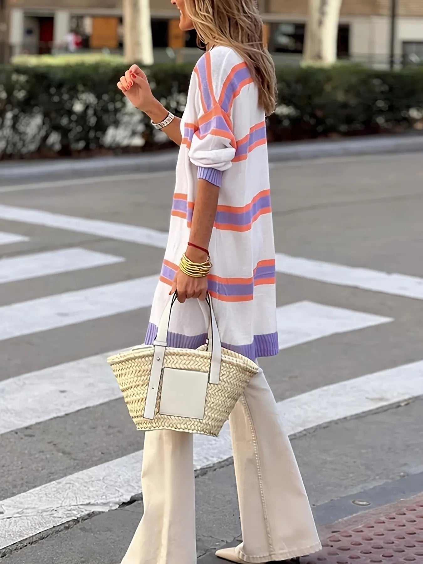 Striped Open Front Longline Cardigan - Lavender