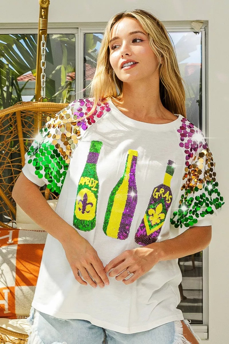 Sequin Mardi Gras Bottles Spangled Sleeve Top -