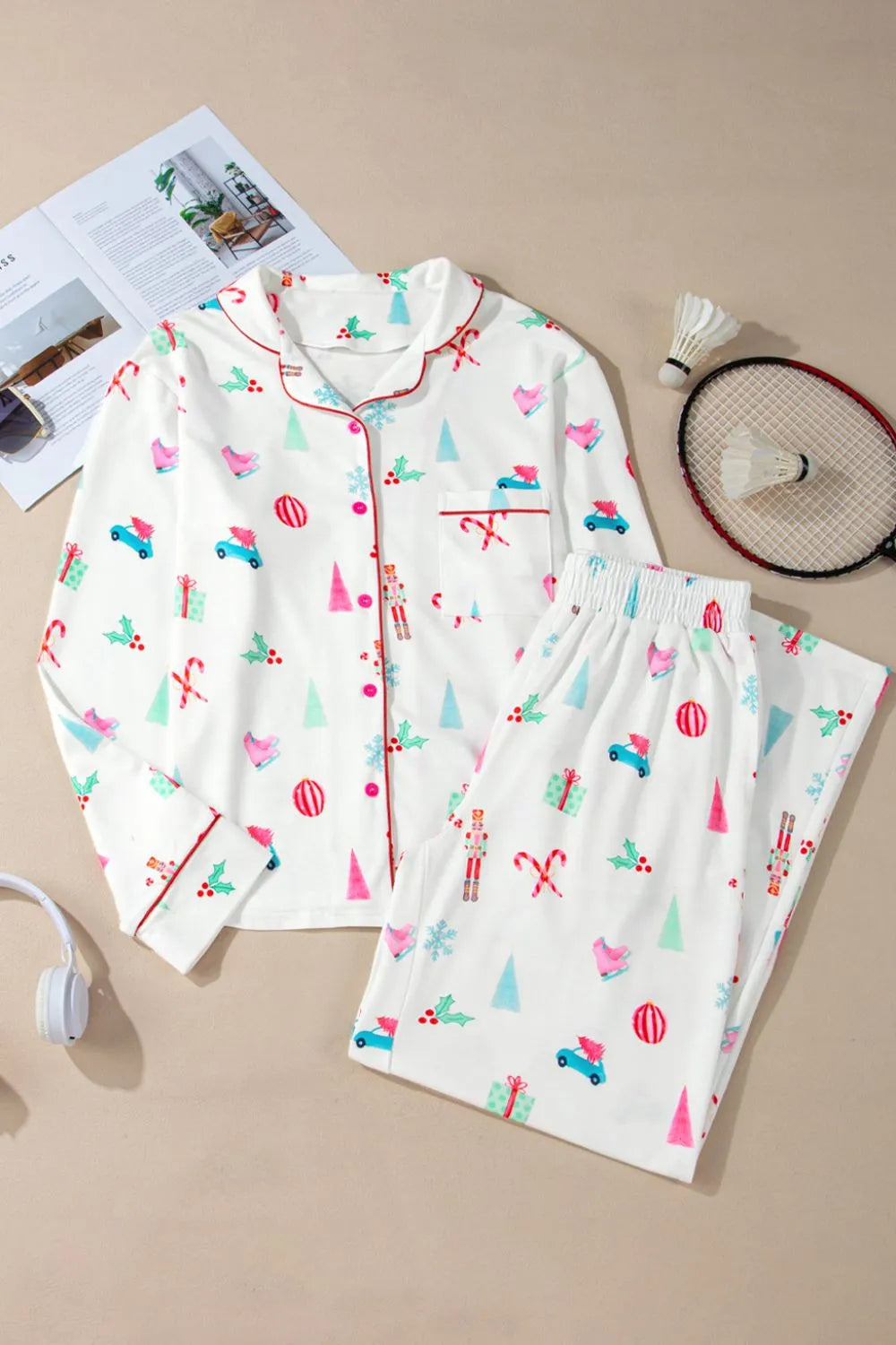 Printed Collared Neck Top and Pants Lounge Set -
