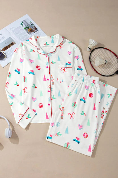 Printed Collared Neck Top and Pants Lounge Set -