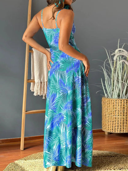 Tropical Print V-Neck Maxi Dress -