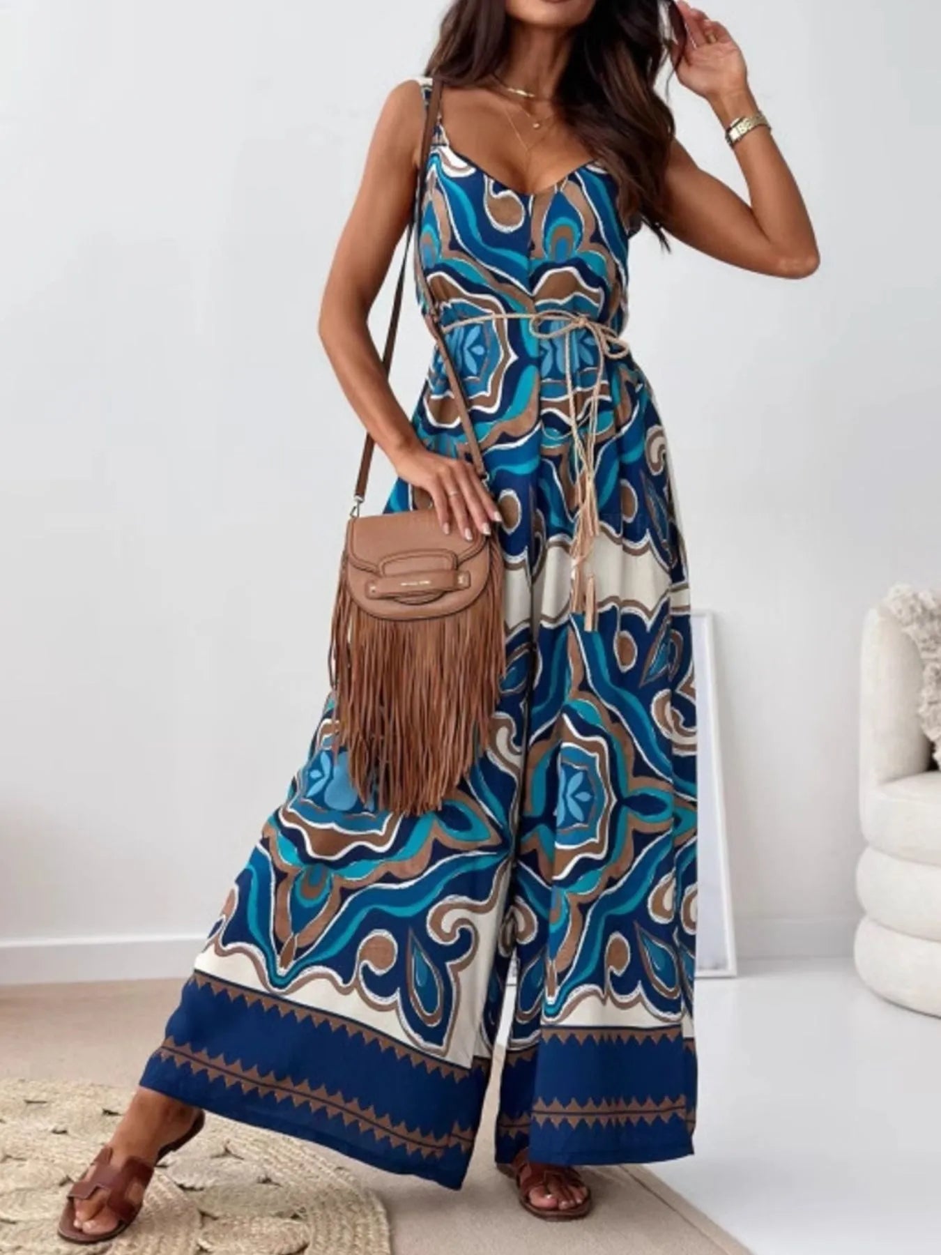 Paisley Print Wide Leg Jumpsuit - Blue