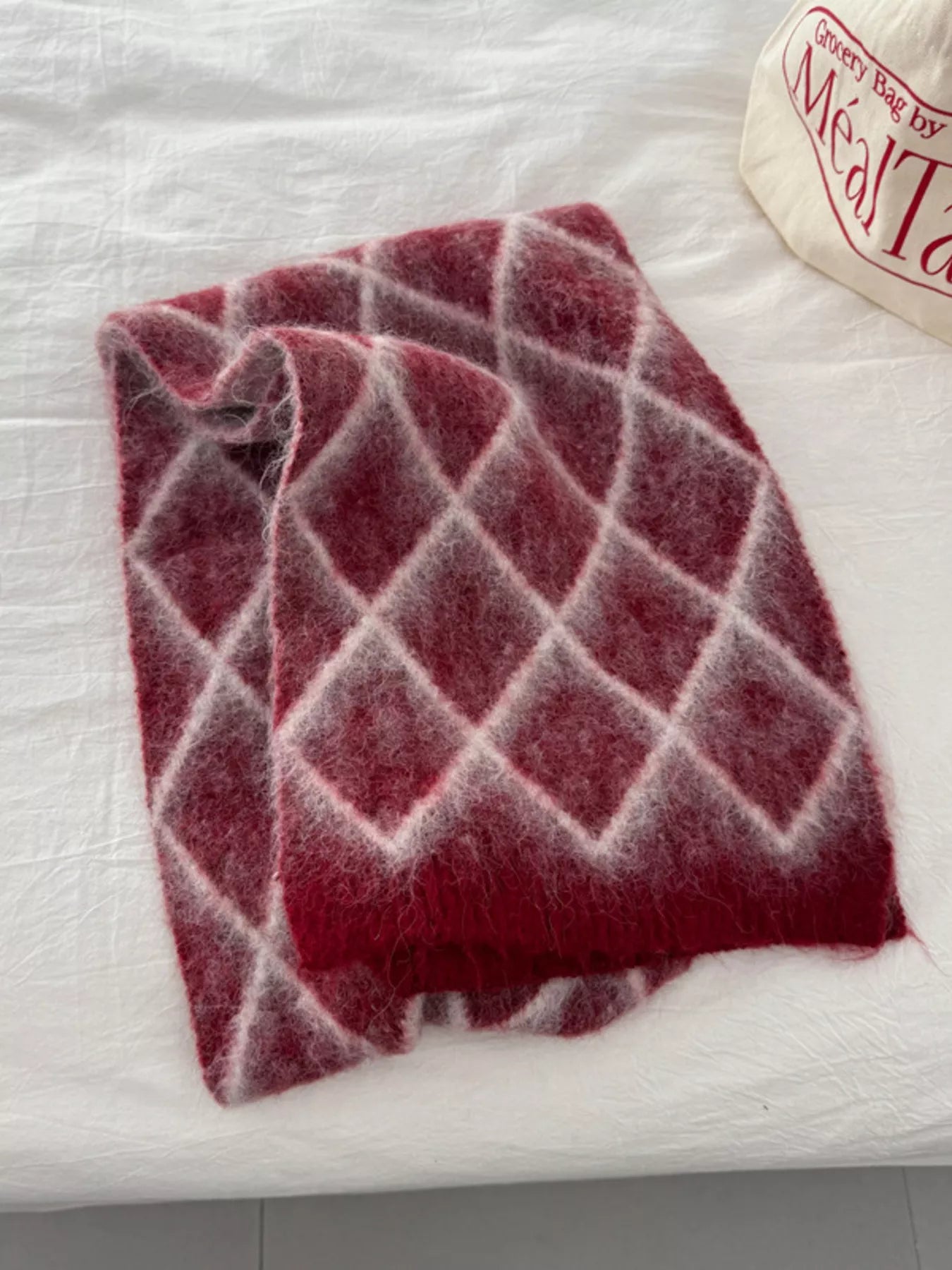 Diamond Pattern Fuzzy Knit Scarf -