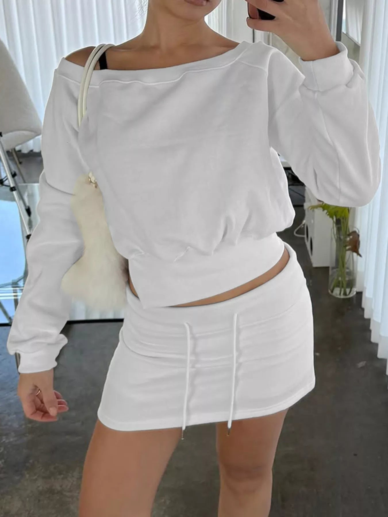 Boat Neck Sweatshirt and Mini Skirt Set -