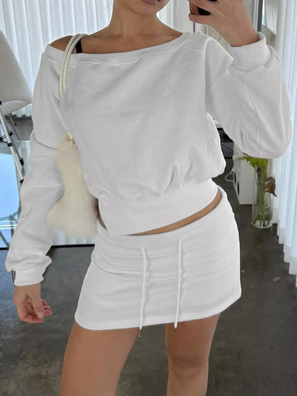 Boat Neck Sweatshirt and Mini Skirt Set -
