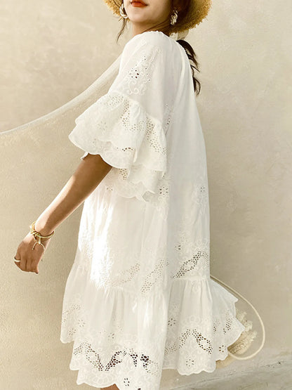 Eyelet Embroidered Tassel Tie Neck Dress -