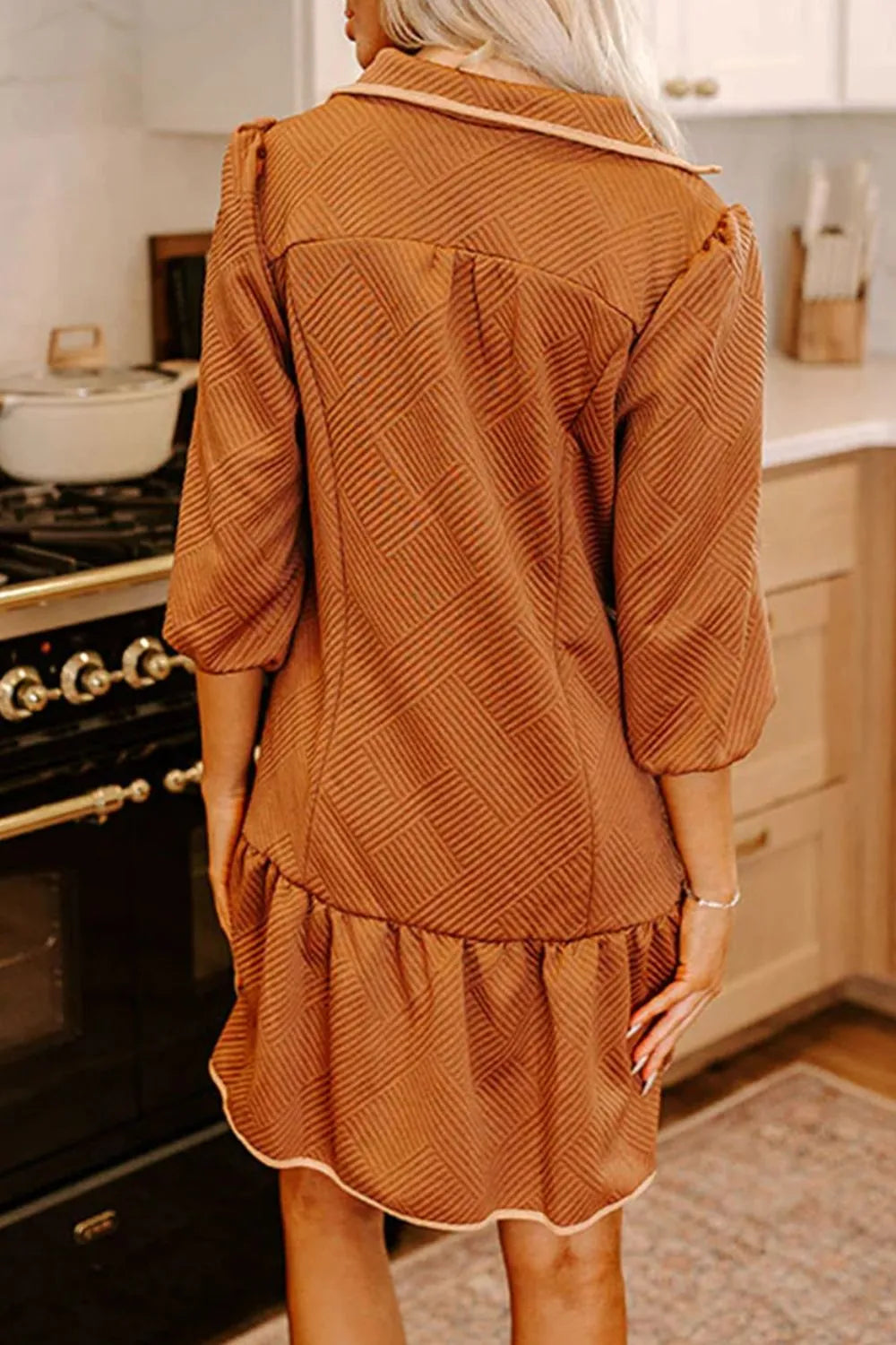 Ruffled Hem Zip Front Texture Dress -