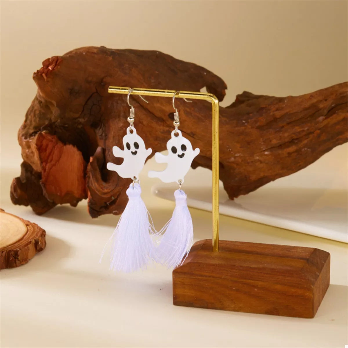 Ghost and Pumpkin Dangle Earrings - White Tassel Ghost One Size