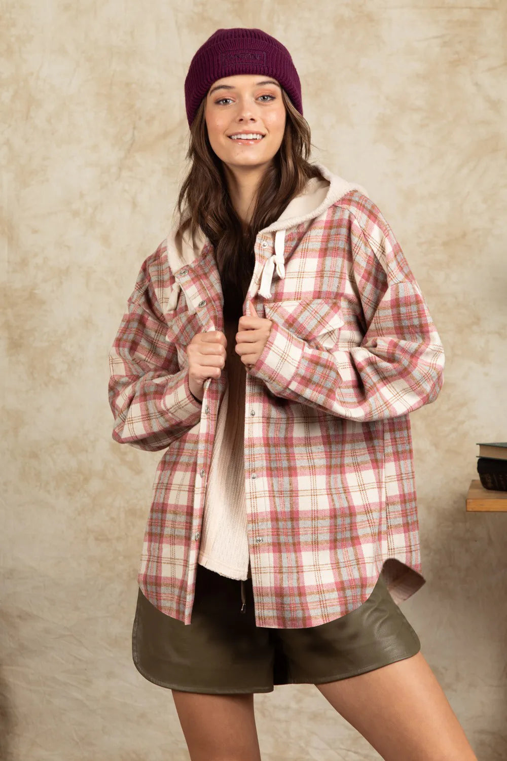 Drawstring Plaid Long Sleeve Hooded Jacket - Dusty Pink