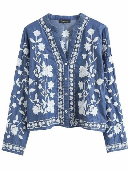 Floral Embroidered Button Up Denim Shirt -
