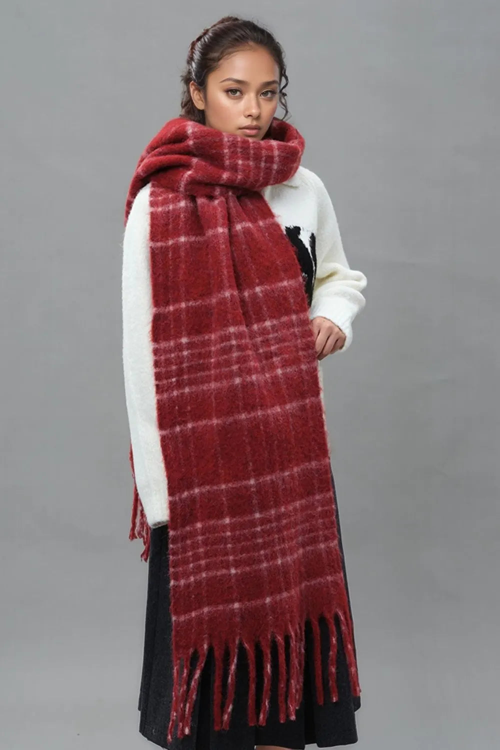 Fringe Plaid Thermal Scarf -
