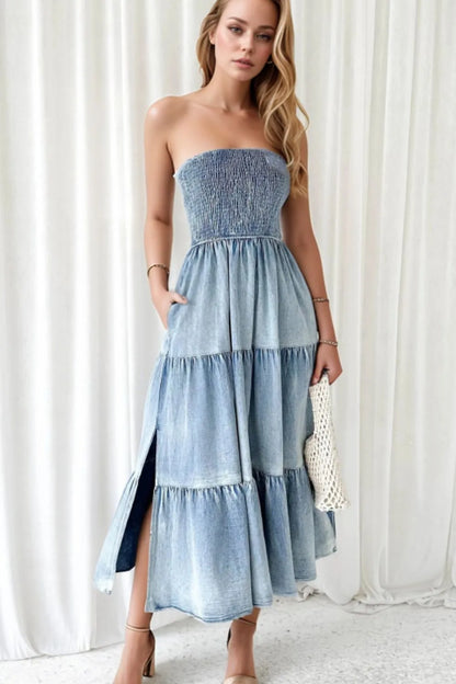 Smocked Tube Slit Tiered Denim Dress -