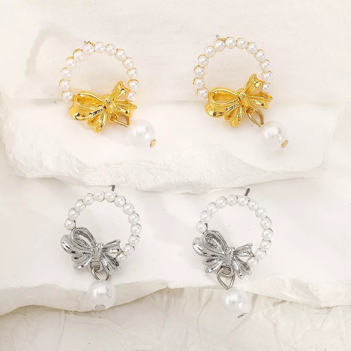 Bowknot Pearl Earrings and Pendant Necklace Jewelry Set -