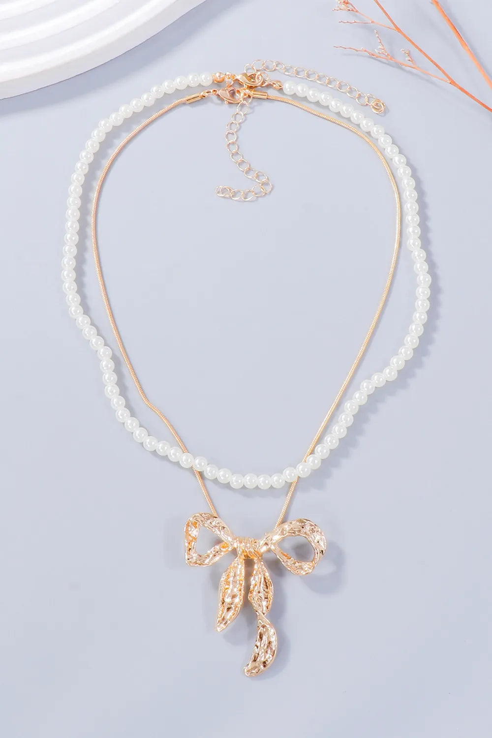 Synthetic Pearl Bow Necklace and Bow Earrings Jewelry Set - Gold One Size