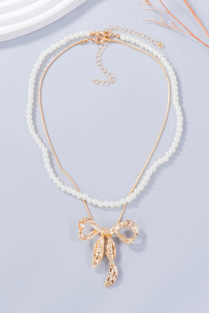 Synthetic Pearl Bow Necklace and Bow Earrings Jewelry Set - Gold One Size