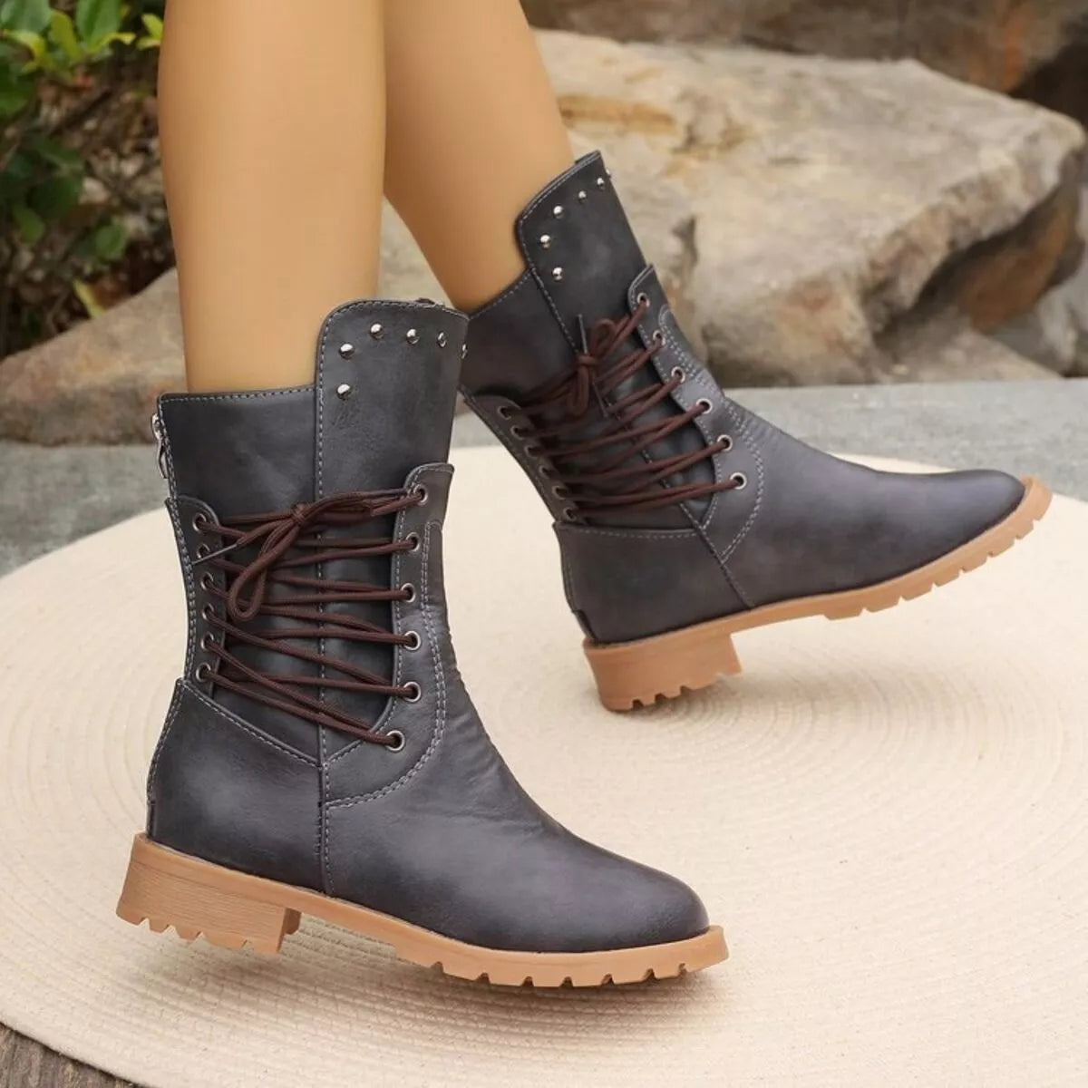 Studded Lace-Up Boots - Dark Gray
