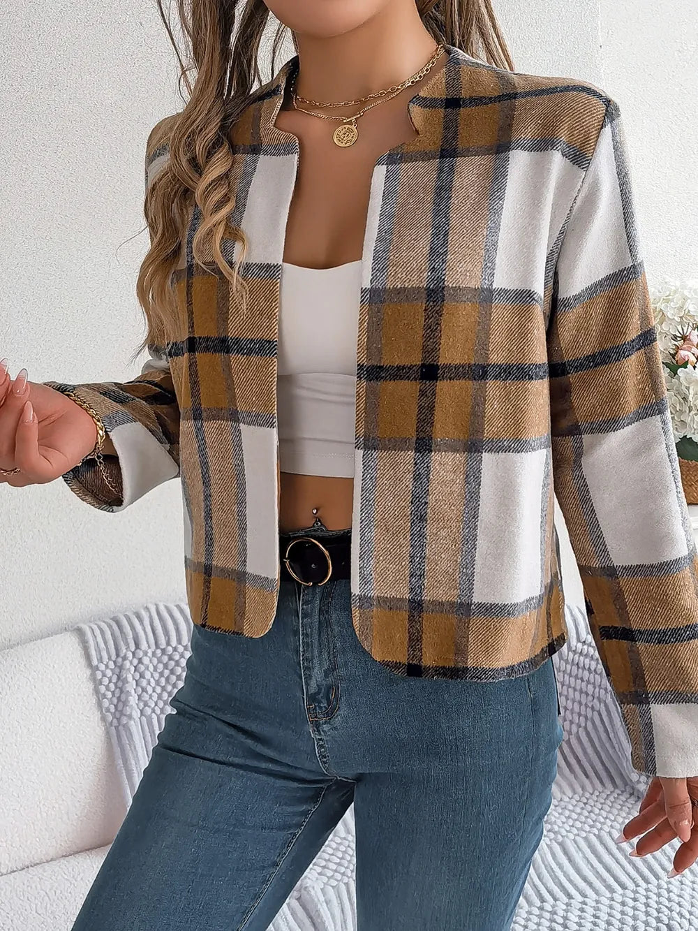 Plaid Open Front Long Sleeve Jacket -