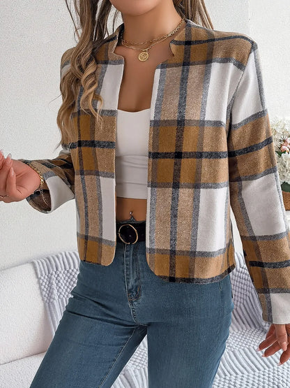 Plaid Open Front Long Sleeve Jacket -