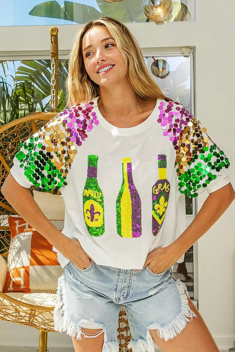 Sequin Mardi Gras Bottles Spangled Sleeve Top -