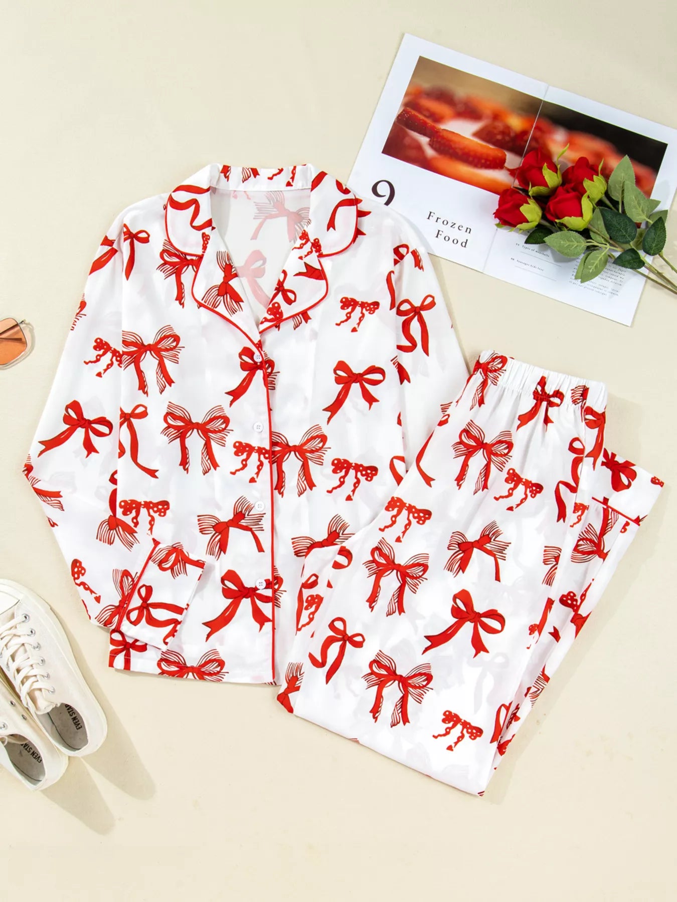 Bow Print Top and Pants Pajama Set -