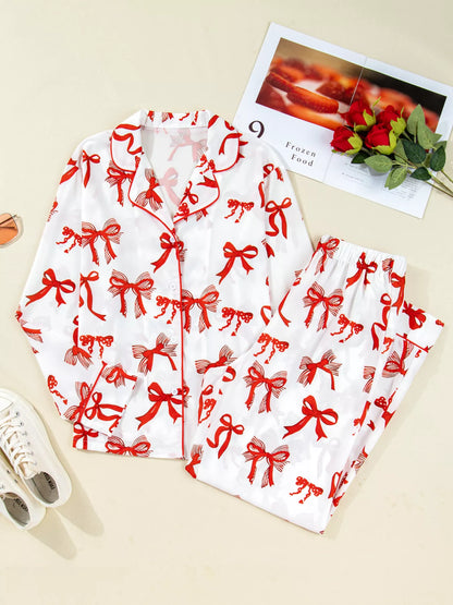 Bow Print Top and Pants Pajama Set -