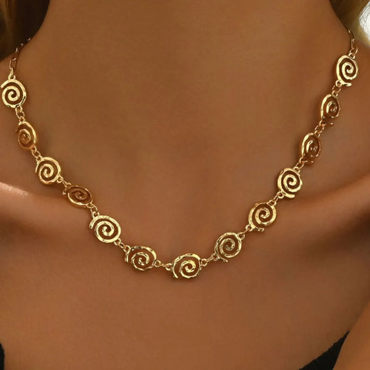 Gold-Plated Spiral Necklace and Bracelet Jewelry Set - Gold One Size
