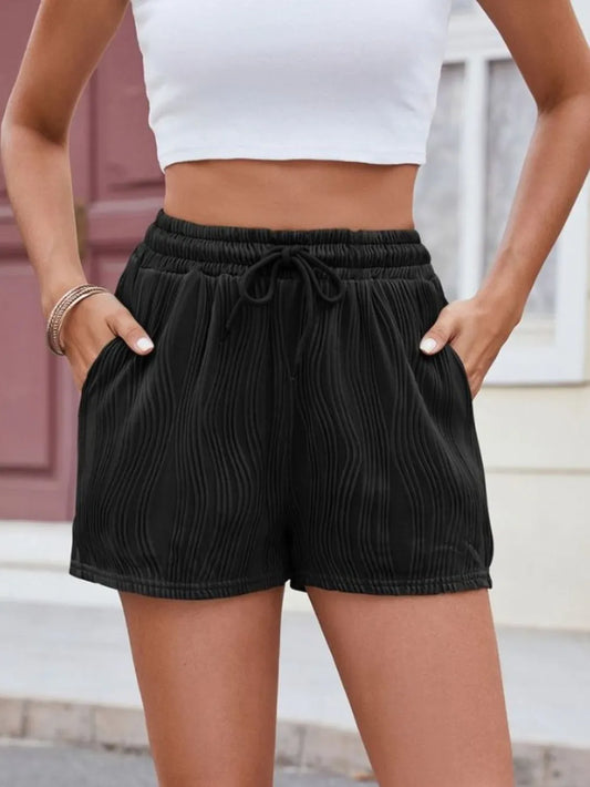 Florira Texture Drawstring Shorts - Black