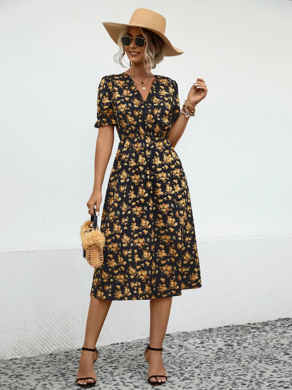 Slit Printed V-Neck Short Sleeve Dress -
