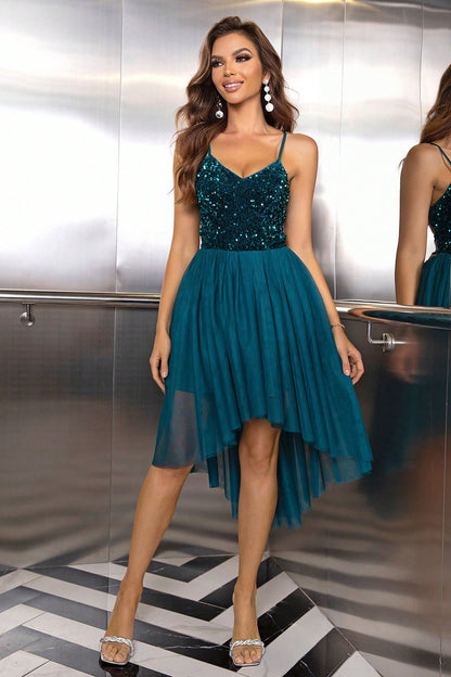 Sequin Spaghetti Strap High-Low Dress - Teal