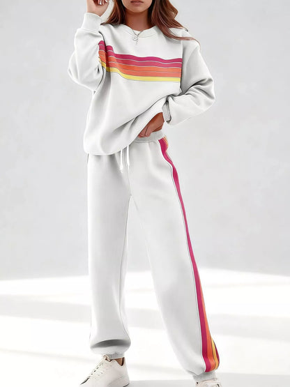 Striped Round Neck Sweatshirt and Pants Set - White