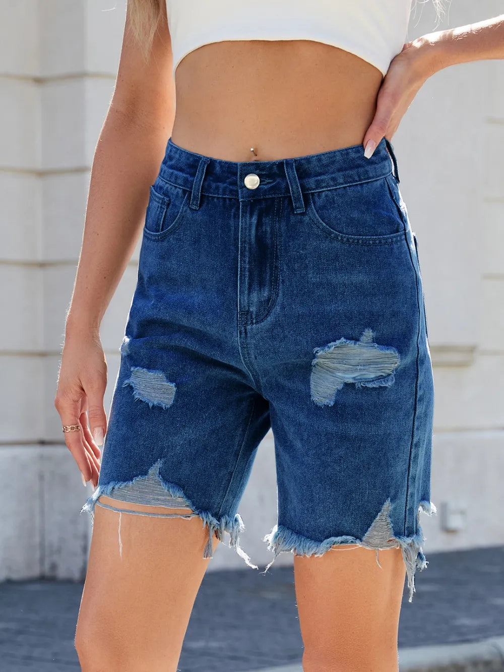 Distressed Raw Hem Denim Shorts -