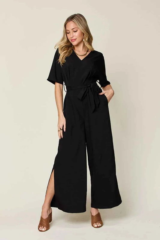 Full Size V-Neck Side Slit Jumpsuit