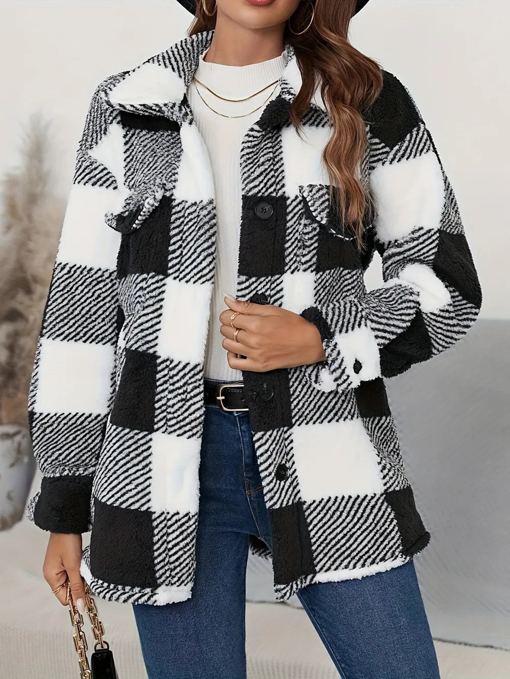 Plaid Button Up Long Sleeve Fuzzy Outerwear - Black