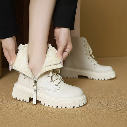 Lace-Up Ankle Combat Boots - Beige Fleece