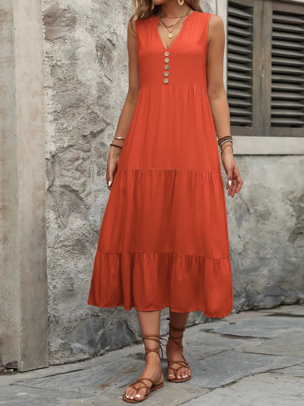 Decorative Button Notched Sleeveless Dress -