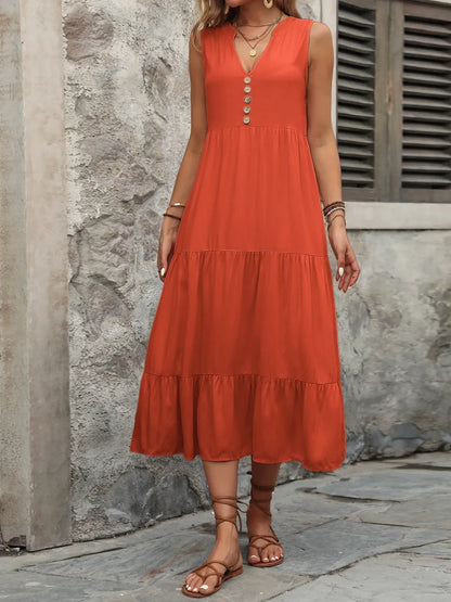 Decorative Button Notched Sleeveless Dress -