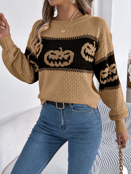 Pumpkin Round Neck Long Sleeve Sweater - Camel