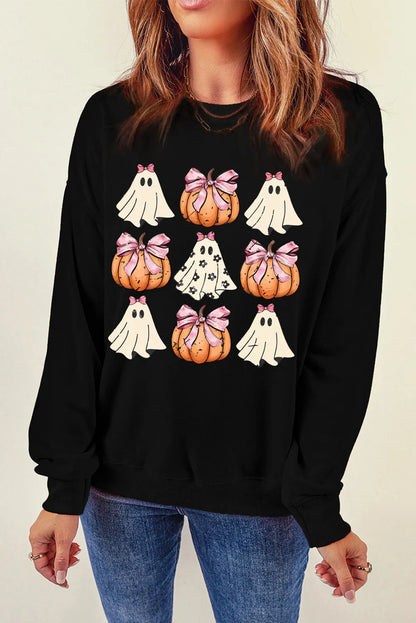 Pumpkin and Ghost Round Neck Long Sleeve Sweatshirt - Black