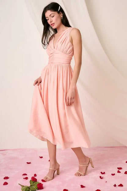 Ruched V-Neck Sleeveless Midi Dress -