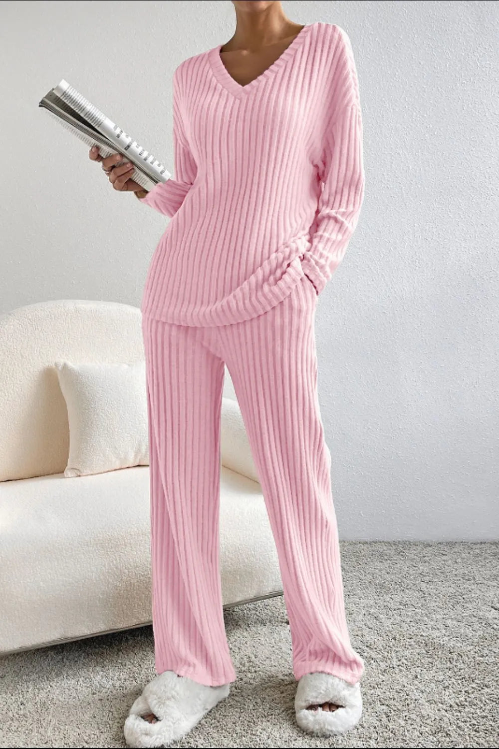Ribbed V-Neck Top and Pants Lounge Set -