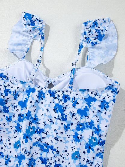 Floral Ruffled Strap Lace-up Hollow Out One-Piece Swimsuit -