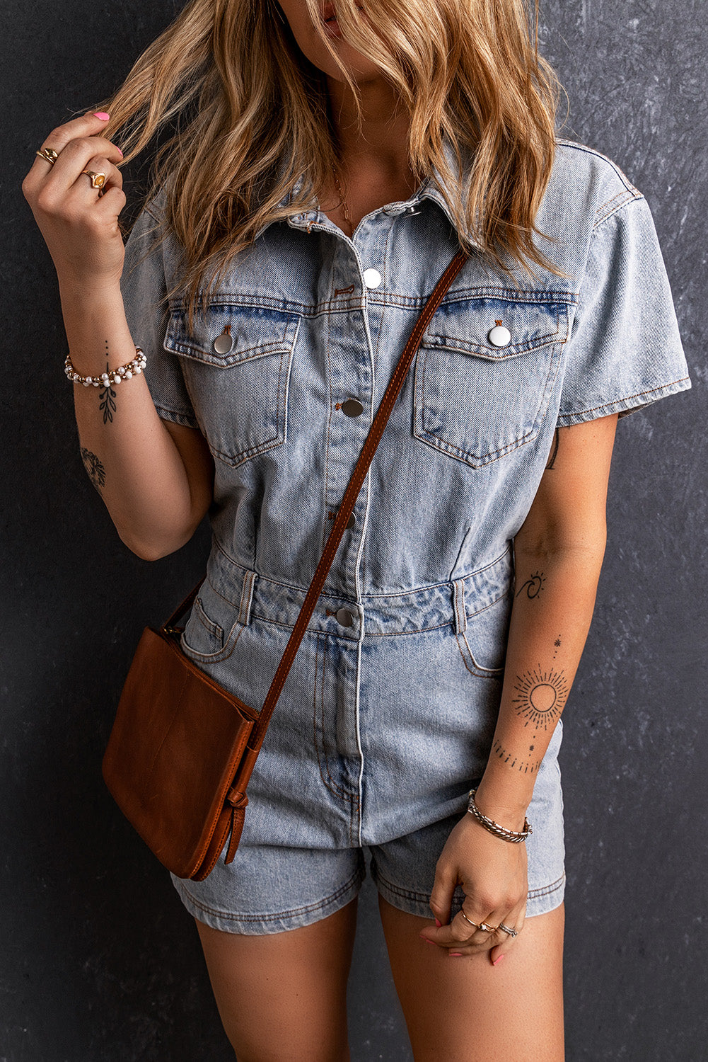 Collared Neck Short Sleeve Denim Romper - Light