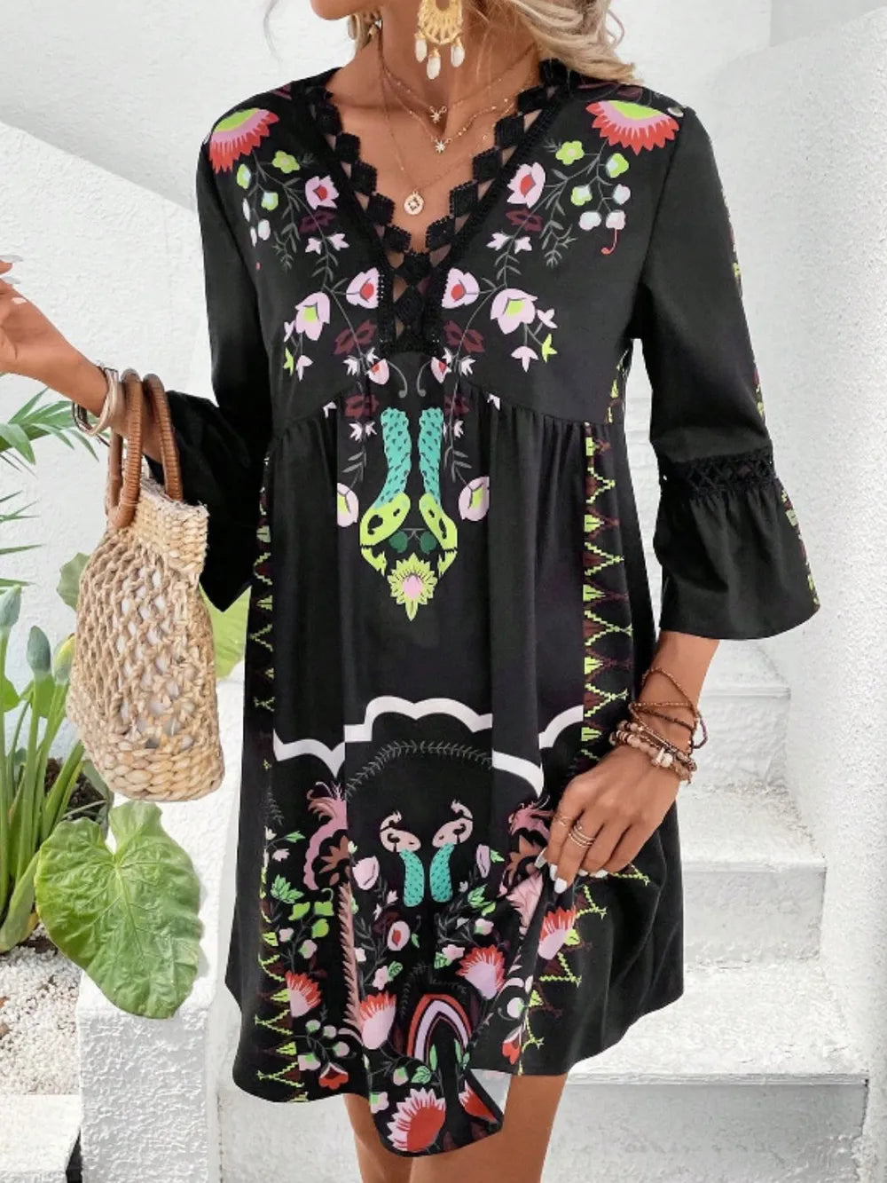 Lace Detail Printed Three-Quarter Sleeve Dress - Black