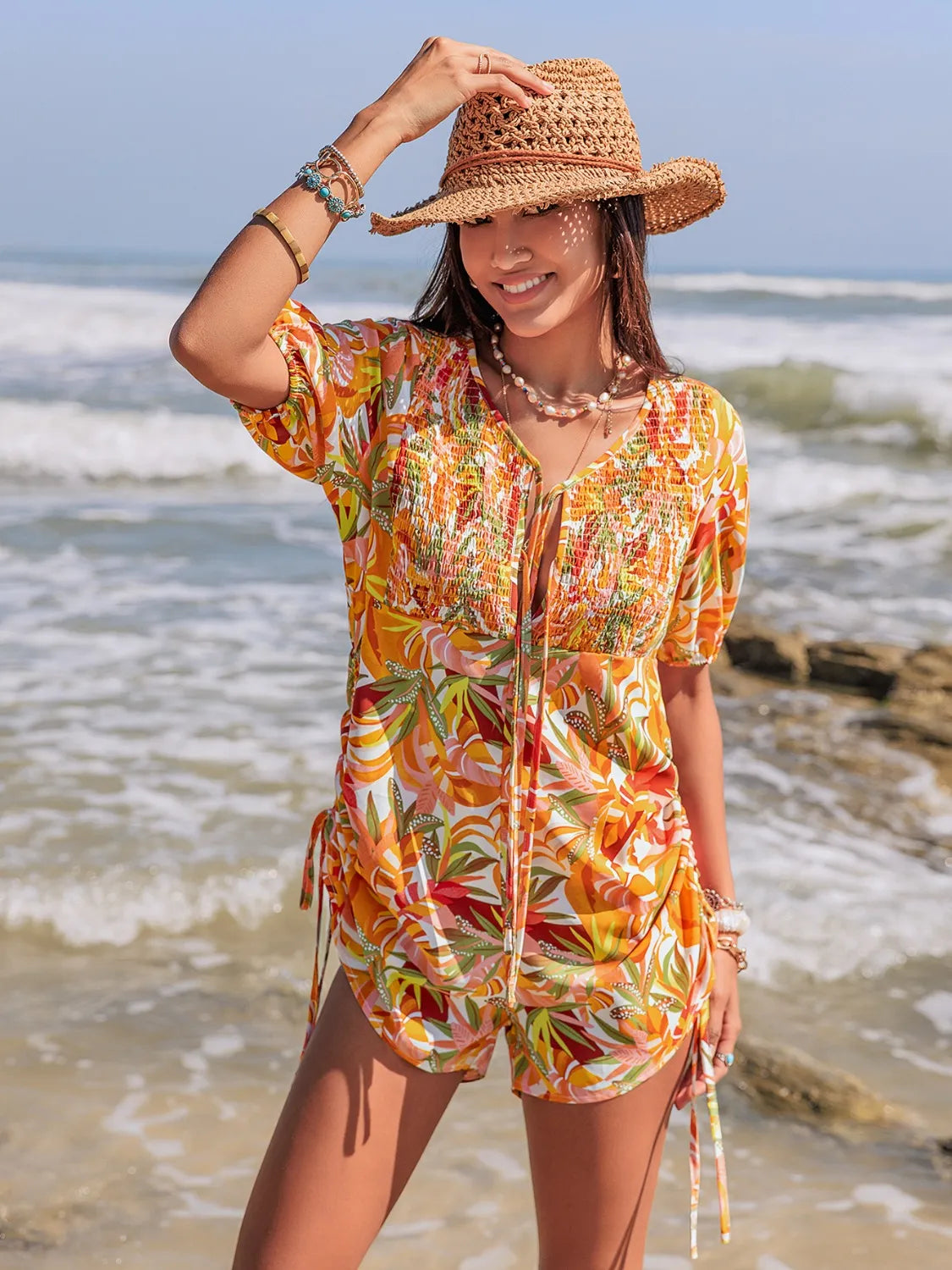 Smocked Printed Tie Neck Romper -