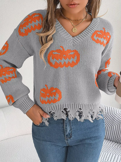 Pumpkin Pattern Raw Hem V-Neck Sweater - Gray