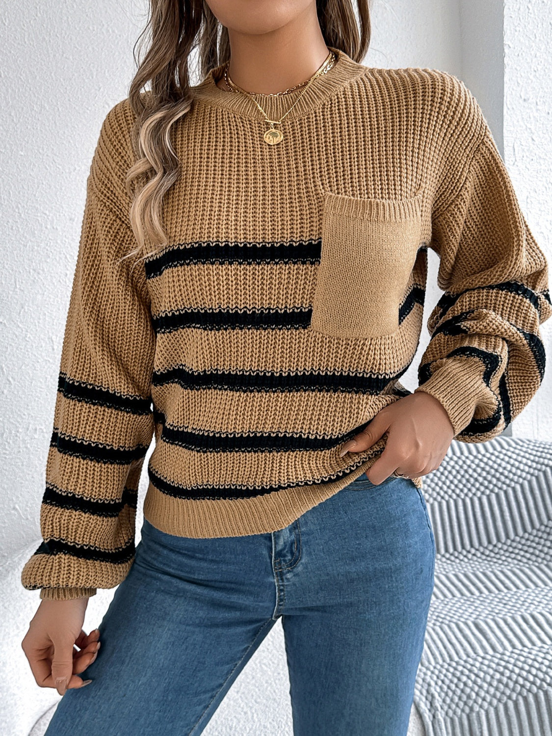 Striped Round Neck Long Sleeve Sweater - Caramel