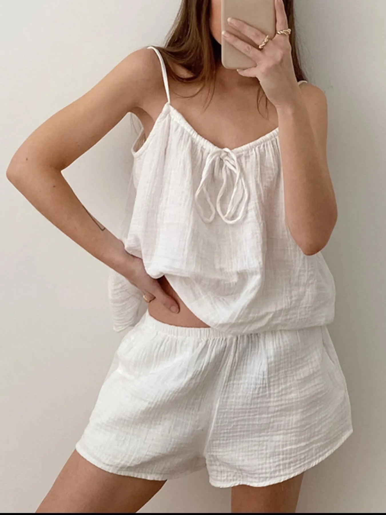 Tie Front Cami and Shorts Lounge Set - White