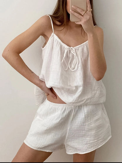 Tie Front Cami and Shorts Lounge Set - White