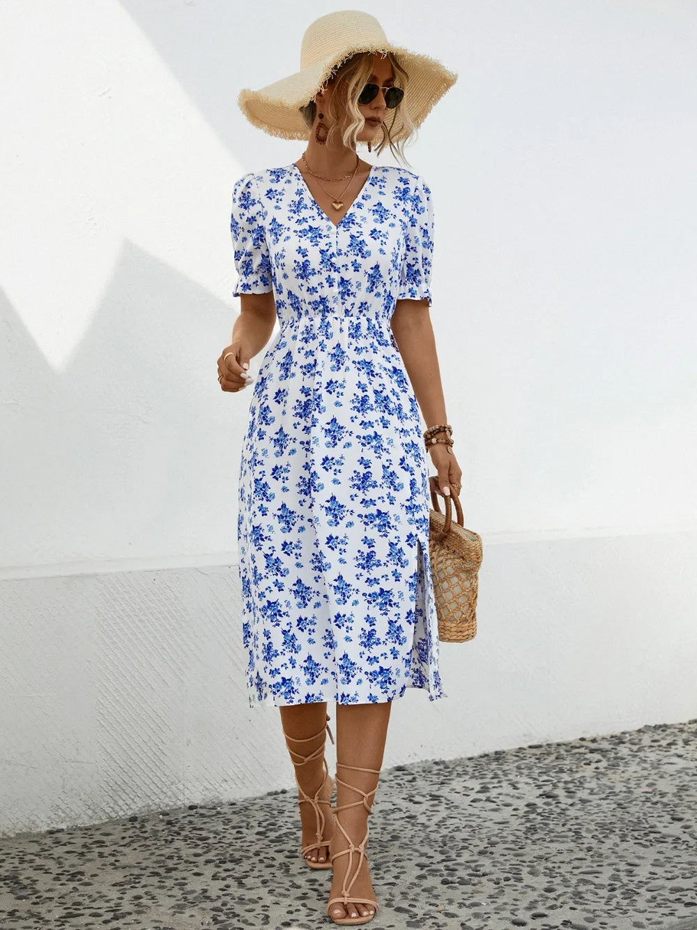 Slit Printed V-Neck Short Sleeve Dress -