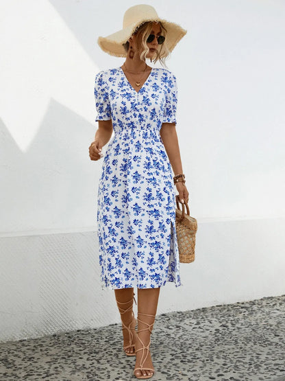 Slit Printed V-Neck Short Sleeve Dress -